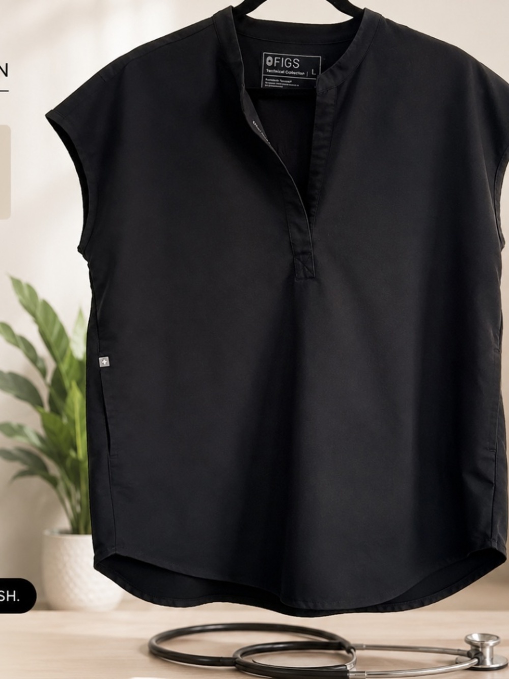 FIGS Technical Collection Black Scrub Top | Size Large | Minimalist Modern Healt
